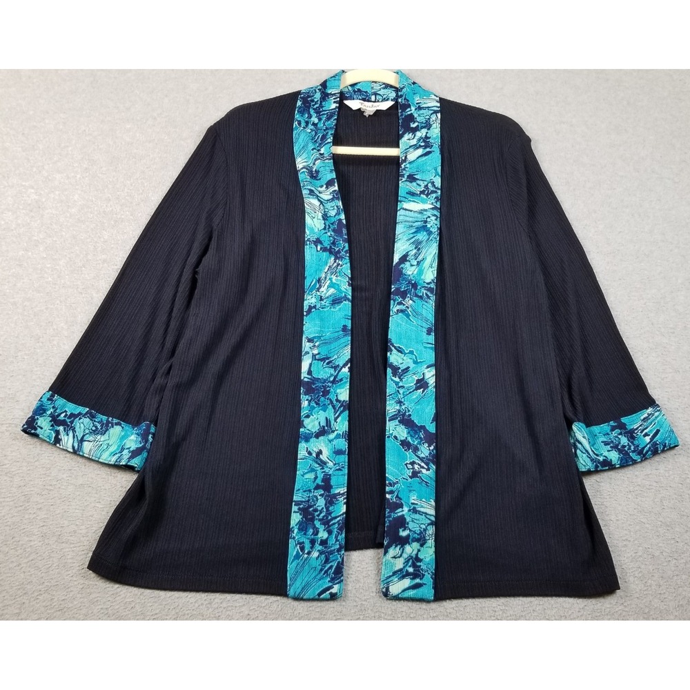 Tanjay Cardigan Womens Medium Blue Floral Trim Rib Open Front 3/4 Sleeve Stretch